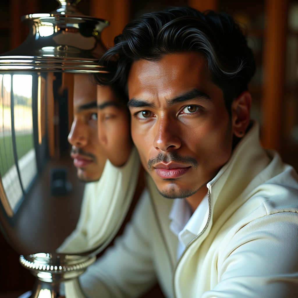Off-Court Clubhouse Tenniscore Portraits example: Photorealistic conceptual portrait photography. Creative clubhouse mirror portrait with the subject’s face clearly refle
