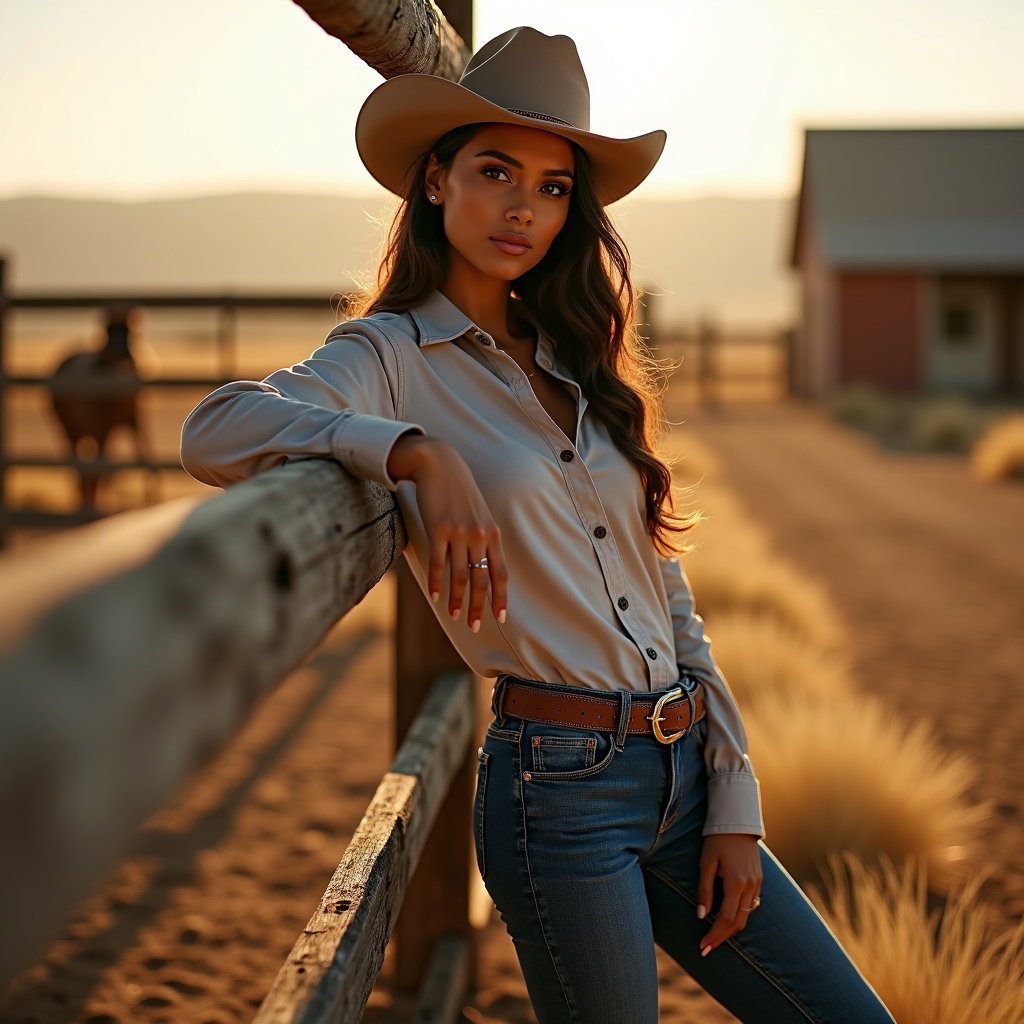AI-generated photo: Photorealistic fashion photography, a striking cowboy-inspired portrait created for a fence-lean cou...