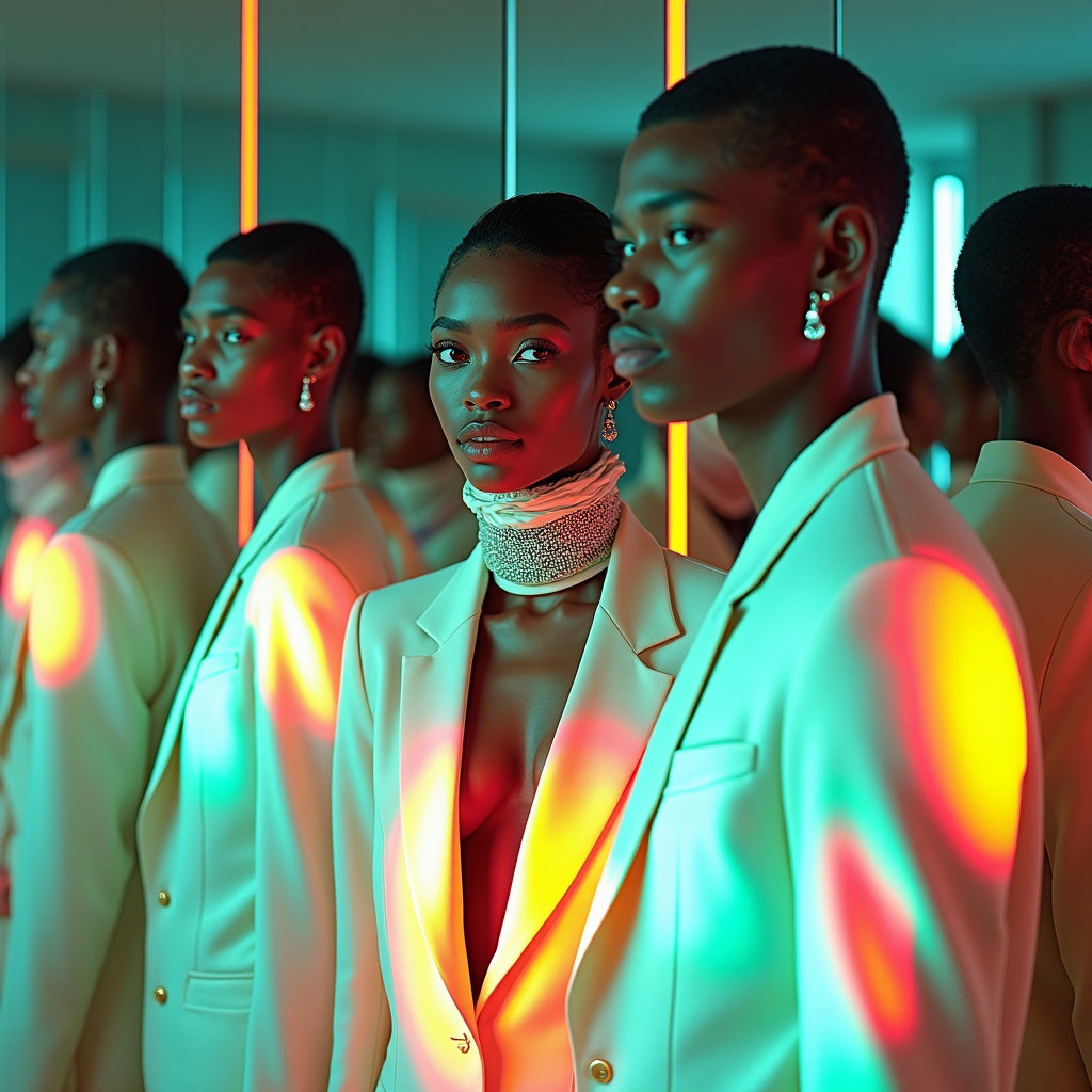 Bold Pride Fashion Editorial Portraits example: Photorealistic fashion editorial portrait. Unexpected creative portrait inside a room of mirrored panels with rainbow li