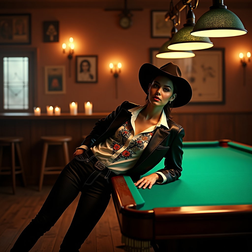 AI-generated photo: Photorealistic fashion portrait photography. The subject reclines slightly against the edge of a bil...