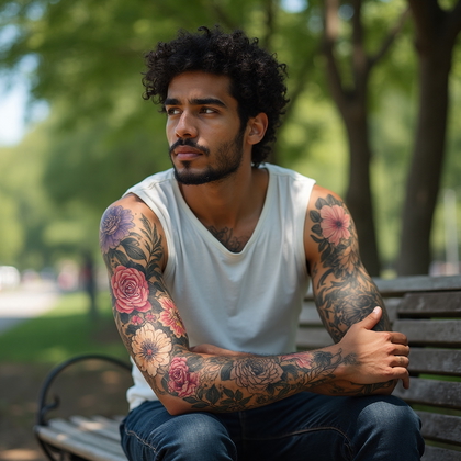 AI-generated photo: Photorealistic photography of a man with a half sleeve tattoo featuring an elegant neo-traditional f...