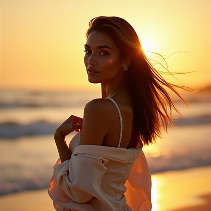 Flirty Over-the-Shoulder Turn example: Dating profile photo. Editorial hero image on a golden beach at sunset, with the subject centered in a dramatic over-the