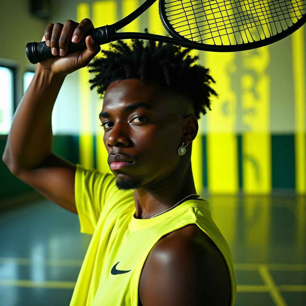 Edgy Street-Style Tenniscore Portraits example: Photorealistic fashion portrait photography. Unexpected creative studio-street hybrid portrait with projected tennis cou