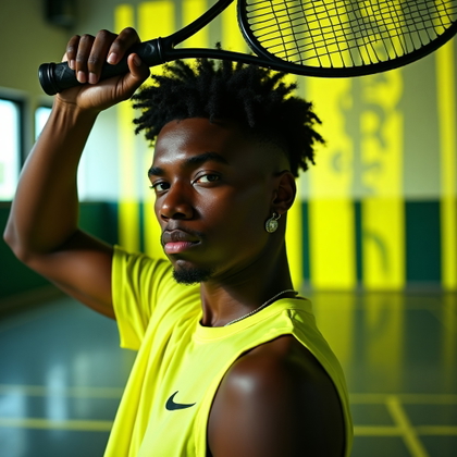 Edgy Street-Style Tenniscore Portraits example: Photorealistic fashion portrait photography. Unexpected creative studio-street hybrid portrait with projected tennis cou
