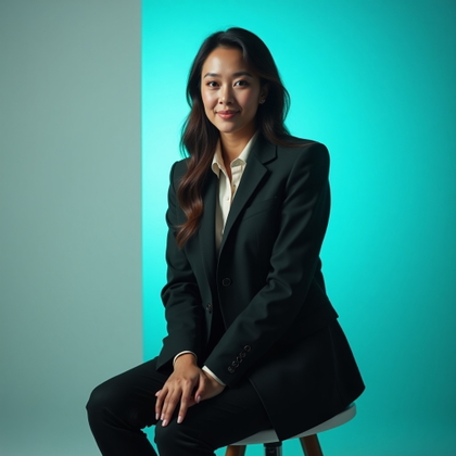 Professional headshot photography. Photorealistic editorial portrait in a sleek corporate brand studio with a soft gradient backdrop and faint translucent professional profile-card graphics placed behind the subject, framed waist-up with the subject seated on the edge of a modern stool and fingertips lightly touching at midline. Refined executive monochrome styling, focused trustworthy expression, cool silver and soft teal lighting, natural face realism, and an AI-forward LinkedIn-generator mood.