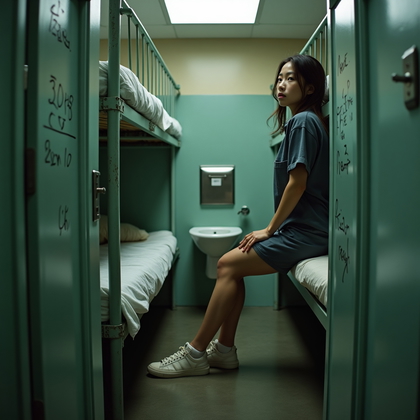 AI-generated photo: Photorealistic prison portrait photography, person is seated near the foot of the lower bunk but tur...
