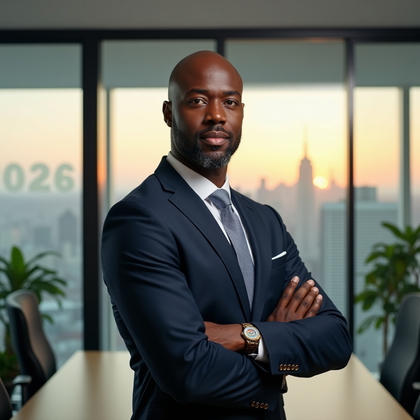 AI-generated photo: Professional headshot. Framed in a modern corner office with floor-to-ceiling glass and a city skyli...