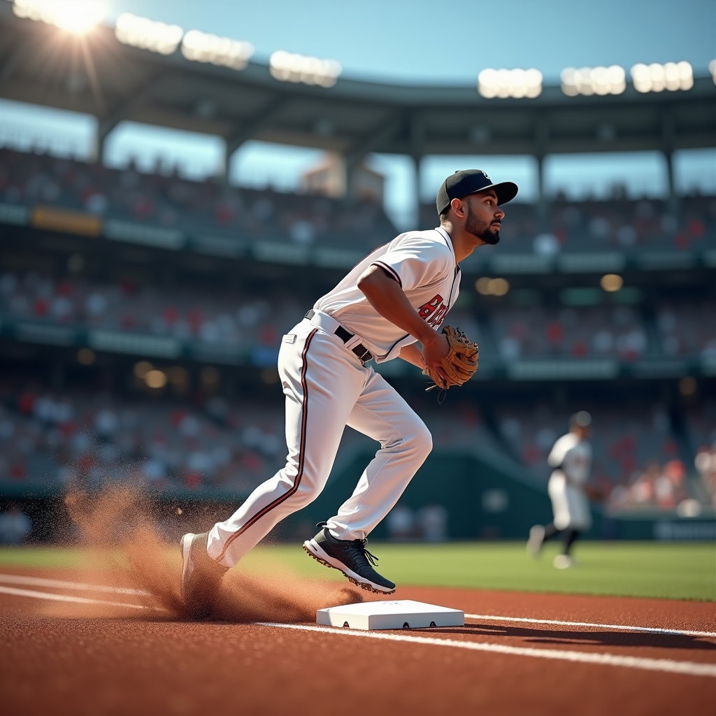 AI-generated photo: Photorealistic professional sports action photograph: under cool-white stadium lighting, the shortst...