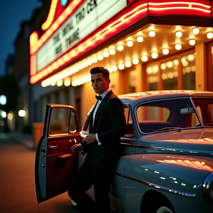 AI-generated photo: Photorealistic wedding portrait photograph outside a theater entrance at night beneath a glowing mar...