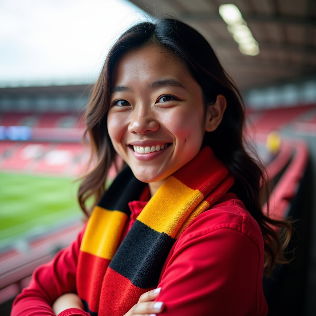 Stadium Arrival Hero Portraits example: Photorealistic sports portrait photography. Avatar-ready square crop of a single fan from the shoulders up at a clean st