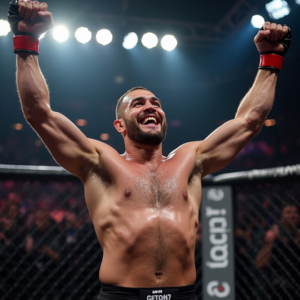 AI-generated photo: Photorealistic dynamic action shot showing a fighter's victory celebration in the octagon. The fight...