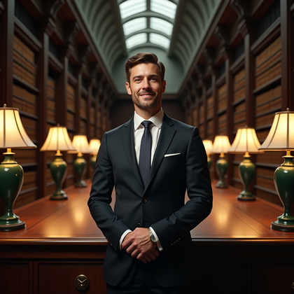Photorealistic professional branding portrait photography: In a grand historic library with floor-to-ceiling bookcases, green banker’s lamps, and a long walnut refectory table, the subject stands centered in the aisle with shoulders open, fingertips resting on a closed volume, face square to camera and expression smart, engaged, and welcoming. Warm pools from the lamps shape gentle highlights while cool skylight from an overhead clerestory balances the scene, producing a refined, studious mood with the face clearly dominant.