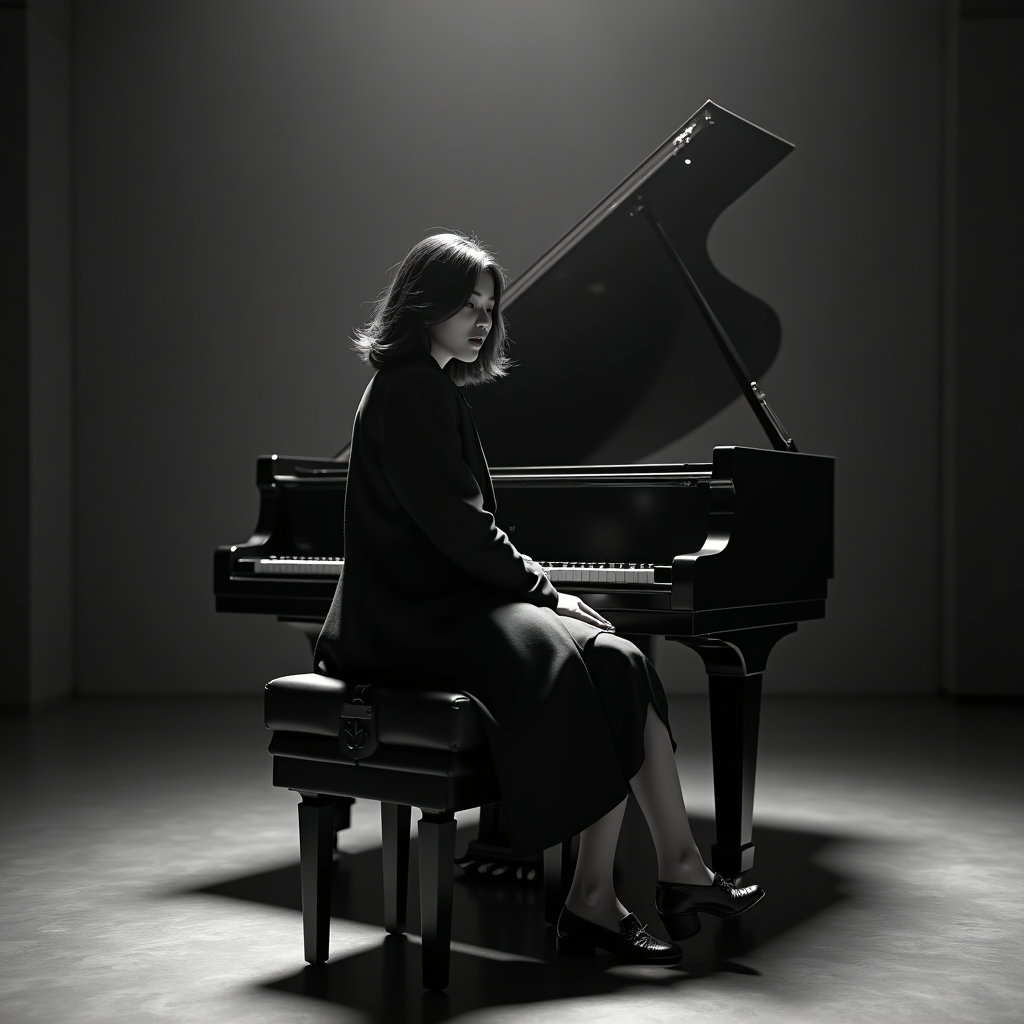 Moody Black-and-White Ballad Album Cover Portraits example: Photorealistic black-and-white album cover portrait. Full-body composition of the subject seated alone on the edge of a