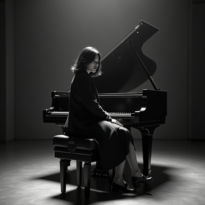 Moody Black-and-White Ballad Album Cover Portraits example: Photorealistic black-and-white album cover portrait. Full-body composition of the subject seated alone on the edge of a 