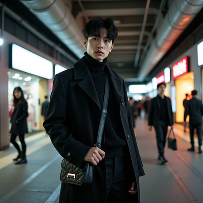 AI-generated photo: Fashion editorial street photography, a sophisticated Tokyo-inspired street style image set beneath ...