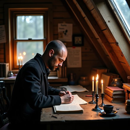 Candlelit Writing Desk Portrait With Ink-Stained Hands example: Photorealistic portrait photography. Environmental portrait from across a small attic room, showing the subject seated a