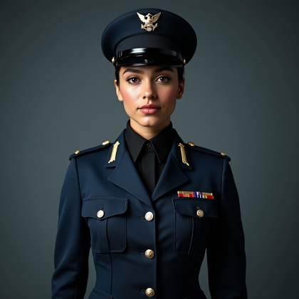 AI-generated photo: Photorealistic studio portrait photography. A dramatic, high-end fashion-inspired military service p...