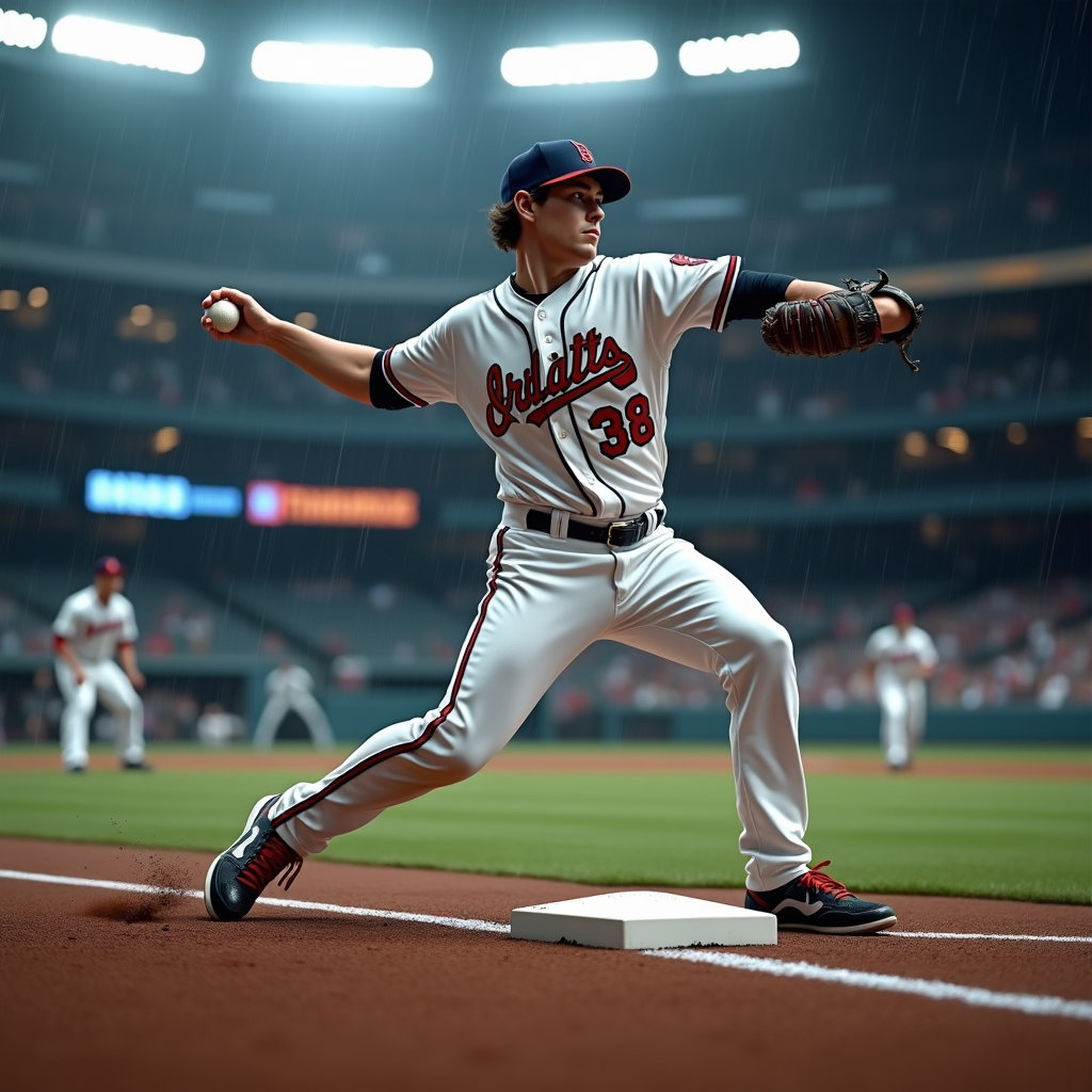 AI-generated photo: Photorealistic professional sports action photograph: light drizzle catches the stadium lights as th...