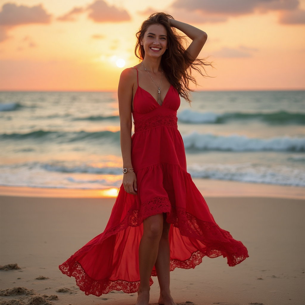 AI-generated photo: Fashion-forward lifestyle photo of a woman dressed in a bold, red asymmetrical dress with a high-low...