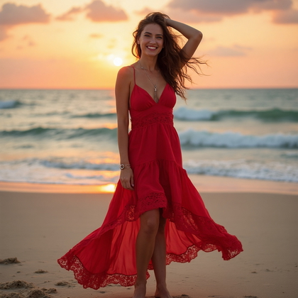 AI-generated photo: Fashion-forward lifestyle photo of a woman dressed in a bold, red asymmetrical dress with a high-low...