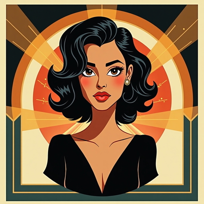 AI-generated photo: Art Deco poster-style caricature illustration. A perfectly centered, front-facing bust portrait sits...