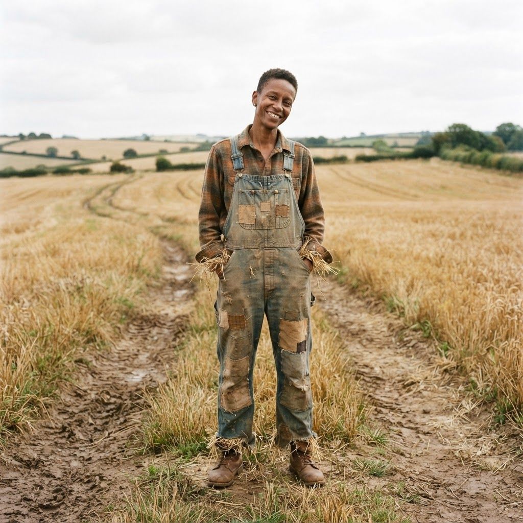 Patchwork Scarecrow in a Golden Field: Full-length photo from a slightly wider distance, with one person centered where two tracks meet in a golden field.