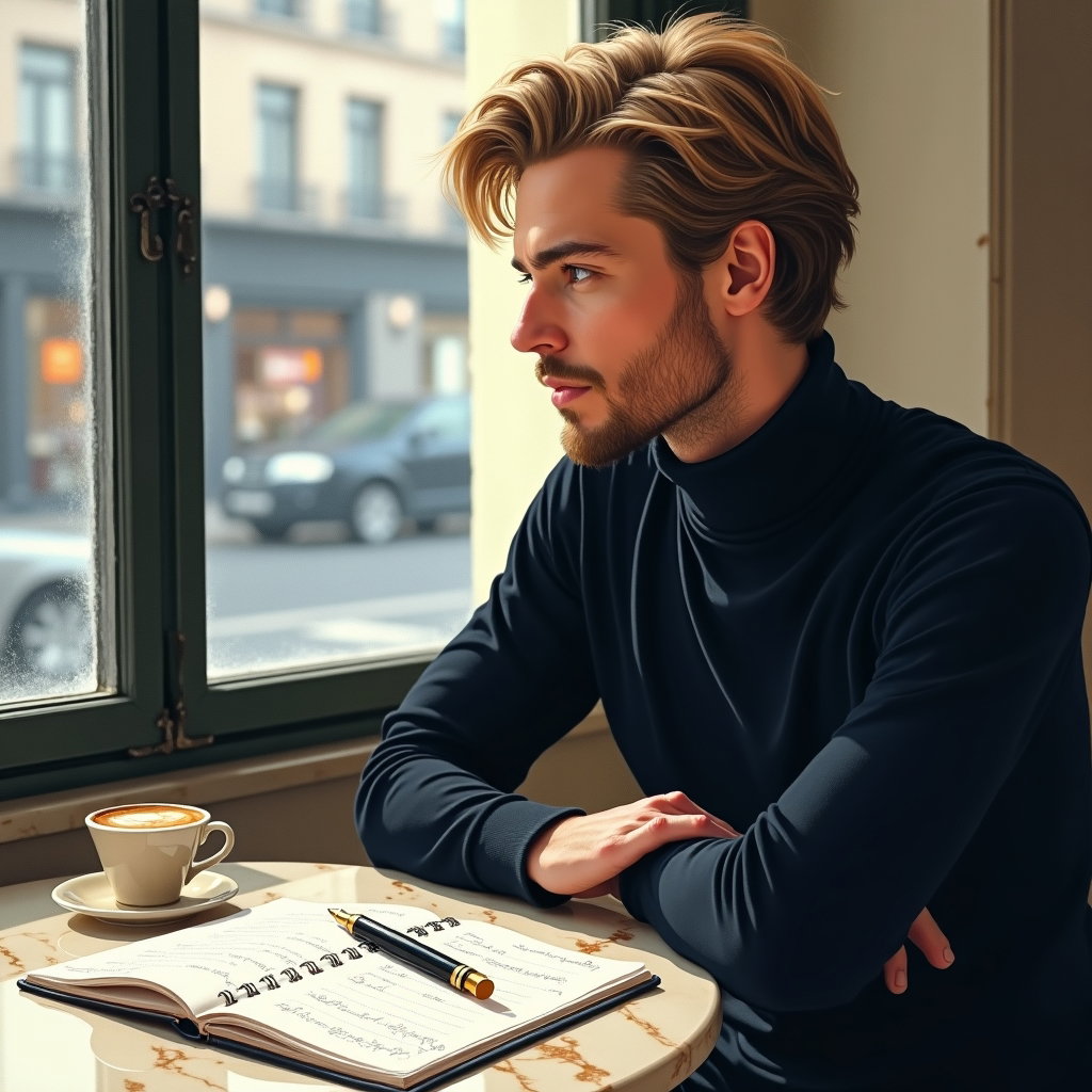 Coffee-and-Notes Corner: Side-profile café portrait of one visible person at a small marble window table, wearing a dark turtleneck and looking thoughtfully past a…