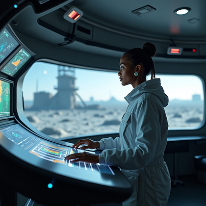 AI-generated photo: Photorealistic editorial portrait photography. A scientist stands in a moon base observatory lab dur...