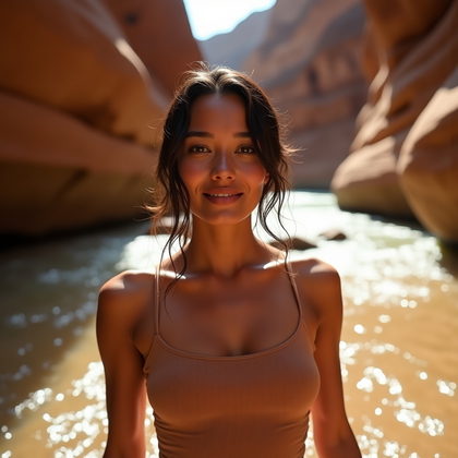 AI-generated photo: Photorealistic portrait photo at the mouth of a sandstone slot canyon beside a spring-fed riffle, wh...