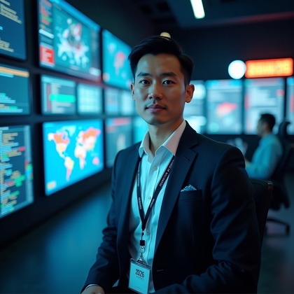 AI-generated photo: Professional headshot: cybersecurity operations leader persona in a security operations center with ...