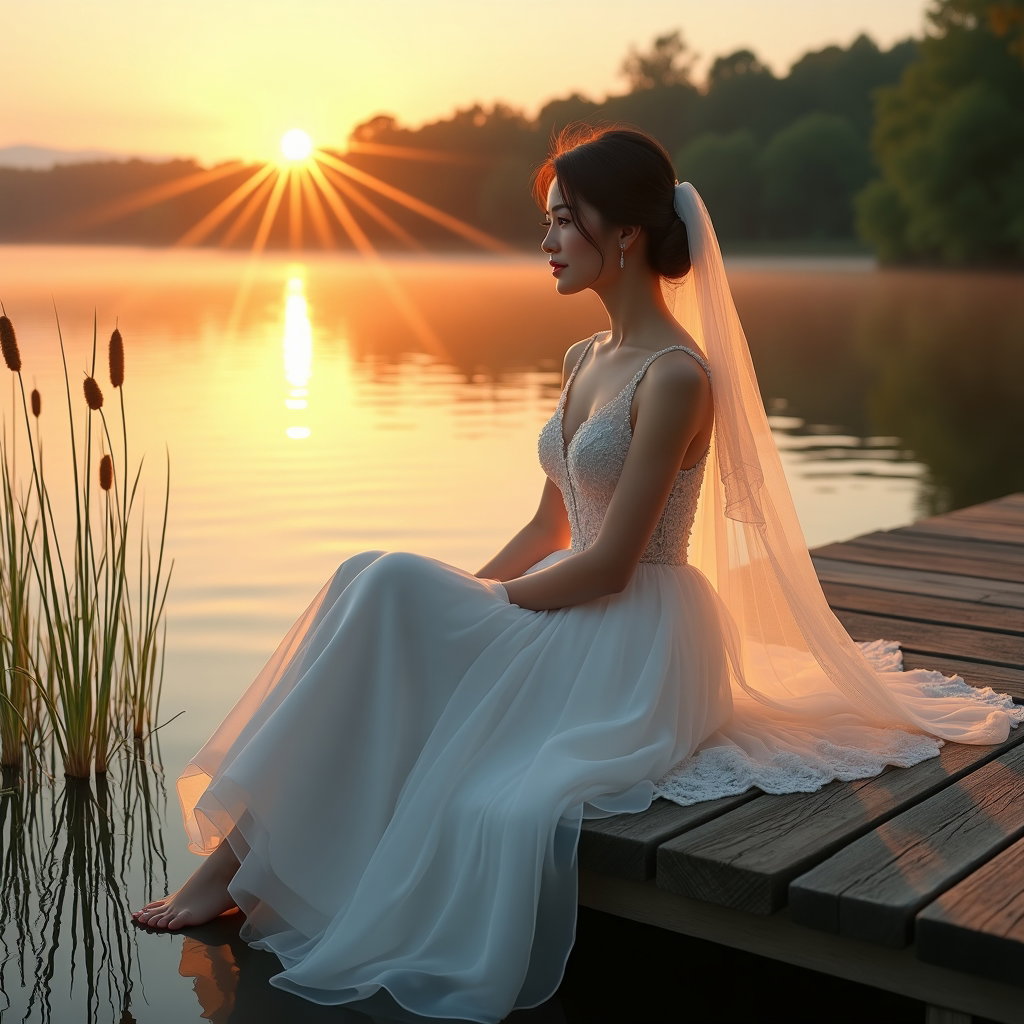 AI-generated photo: Photorealistic wedding photography: a quiet lake dock at sunset with weathered planks and cattails i...