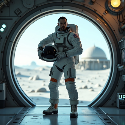 AI-generated photo: Cinematic high-detail moon base photography. In a meticulously designed lunar habitat prep bay, the ...