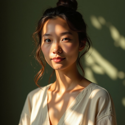 AI-generated photo: Photorealistic studio portrait photography, head-and-shoulders composition with a leafy gobo project...