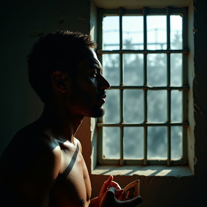 AI-generated photo: Photorealistic prison close-up portrait at a narrow barred window, the person positioned in profile ...