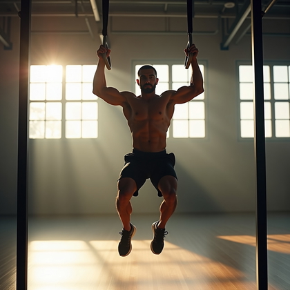 AI-generated photo: Photorealistic fitness photography of a gymnastic rings muscle-up at the transition point to support...