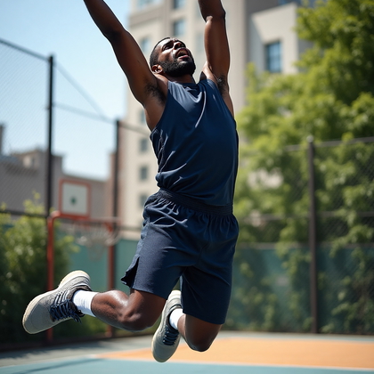 AI-generated photo: Athletic action photo featuring a man engaged in an intense game of basketball on an outdoor court. ...
