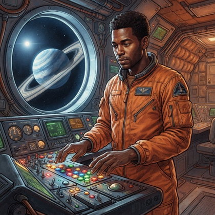 A single subject stands at a spacecraft control console, fingertips hovering above illuminated controls. A matte orange flight suit contrasts with dark instrument panels and a large porthole framing a ringed planet. Cool planetary light mixes with warm console glow; centered medium portrait, detailed retrofuturist illustration.