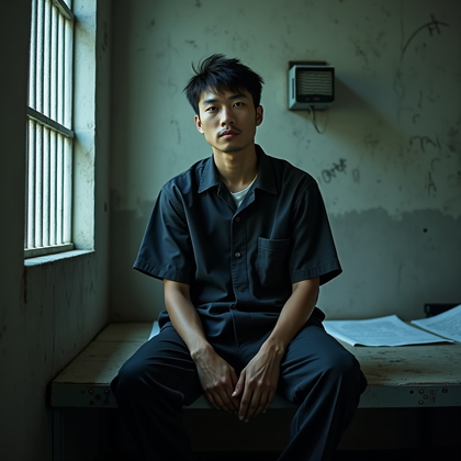 AI-generated photo: Photorealistic prison portrait photography, person sitting on the edge of the lower bunk, body angle...