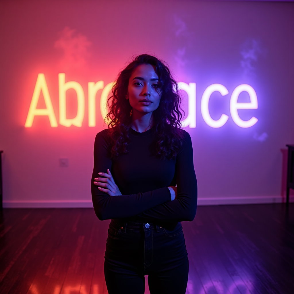 AI-generated photo: Photorealistic neon editorial portrait photo using a laser-cut letterforms gobo (abstract typography...