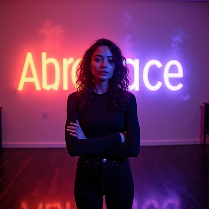 AI-generated photo: Photorealistic neon editorial portrait photo using a laser-cut letterforms gobo (abstract typography...