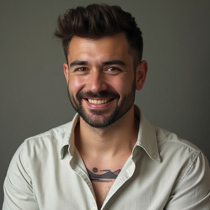 AI-generated photo: Photorealistic photography showcasing a 34-year-old man with a minimalist abstract landscape tattoo ...