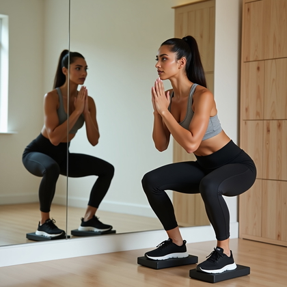 AI-generated photo: Photorealistic fitness photography. A serene wellness studio with a seamless mirrored wall and light...