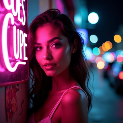 AI-generated photo: Photorealistic beauty portrait photograph on a nighttime city street, with the subject positioned ne...