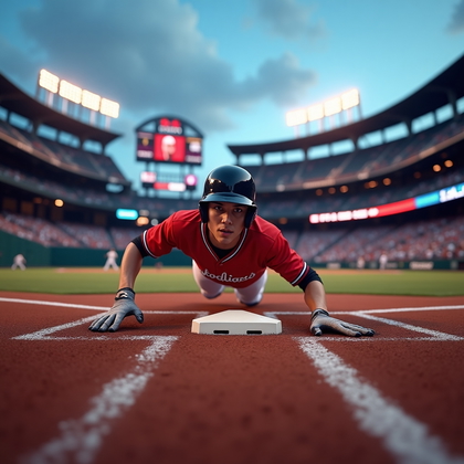 AI-generated photo: Photorealistic professional sports action photo of a solo headfirst steal of home at twilight, frame...