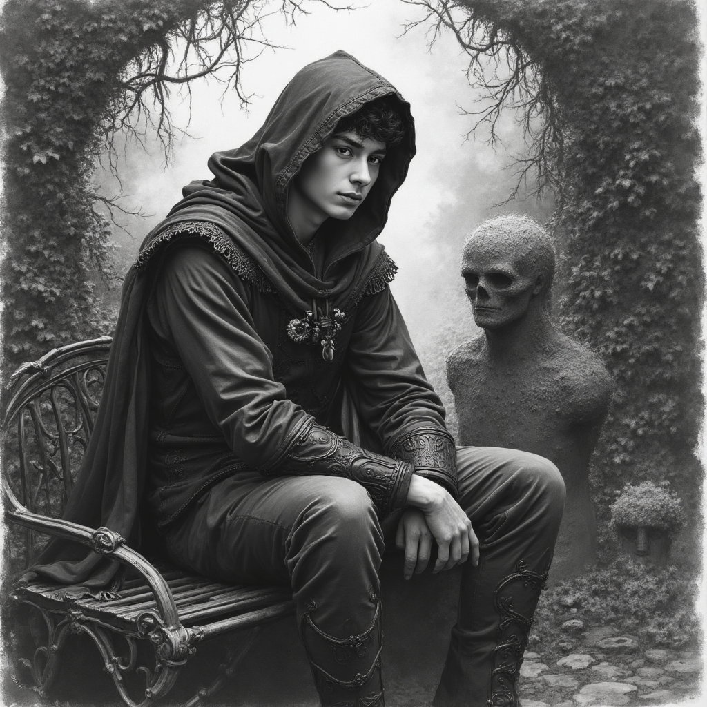 AI-generated photo: **Gothic charcoal drawing**. A young man sits pensively on a wrought-iron bench in an overgrown gard...