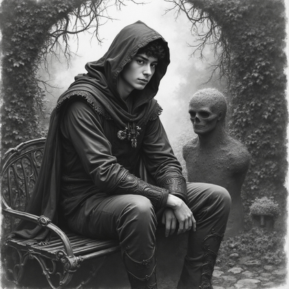 AI-generated photo: **Gothic charcoal drawing**. A young man sits pensively on a wrought-iron bench in an overgrown gard...