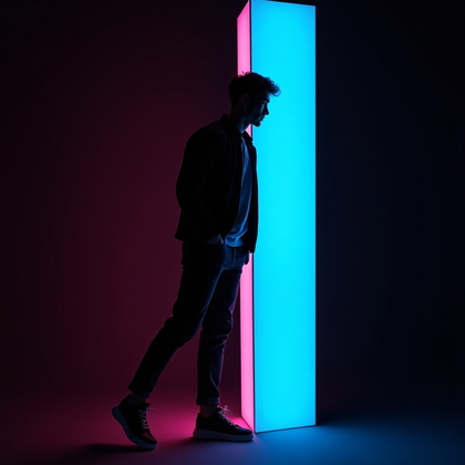 AI-generated photo: Photorealistic studio portrait photography. Three-quarter body semi-silhouette with the subject lean...