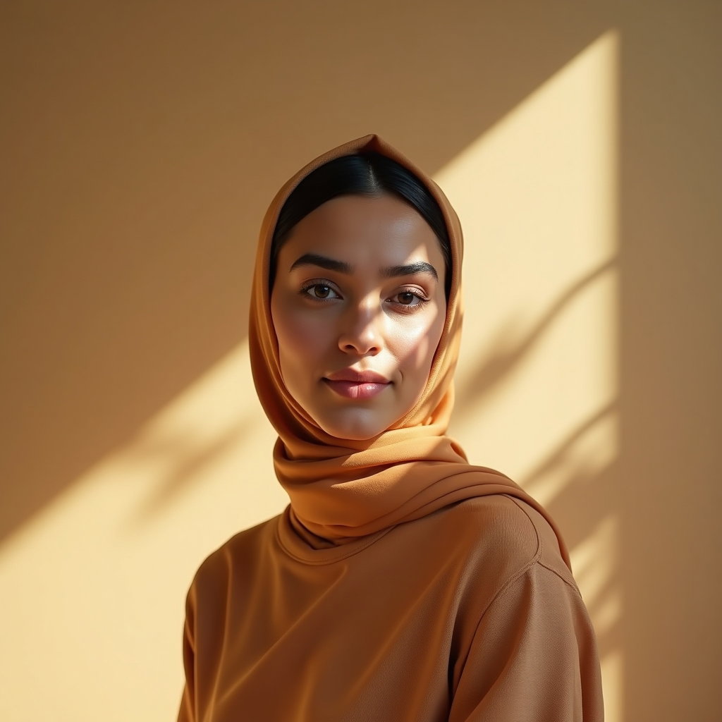 AI-generated photo: Photorealistic studio portrait photography, waist-up three-quarter stance on a smooth sand-beige sea...