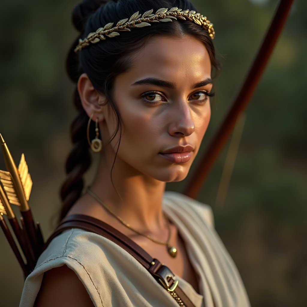 Solo Atalanta Huntress Action Portrait example: Cinematic Greek myth portrait photography. Tight close-up of a solo Atalanta-inspired archer holding a polished bronze a