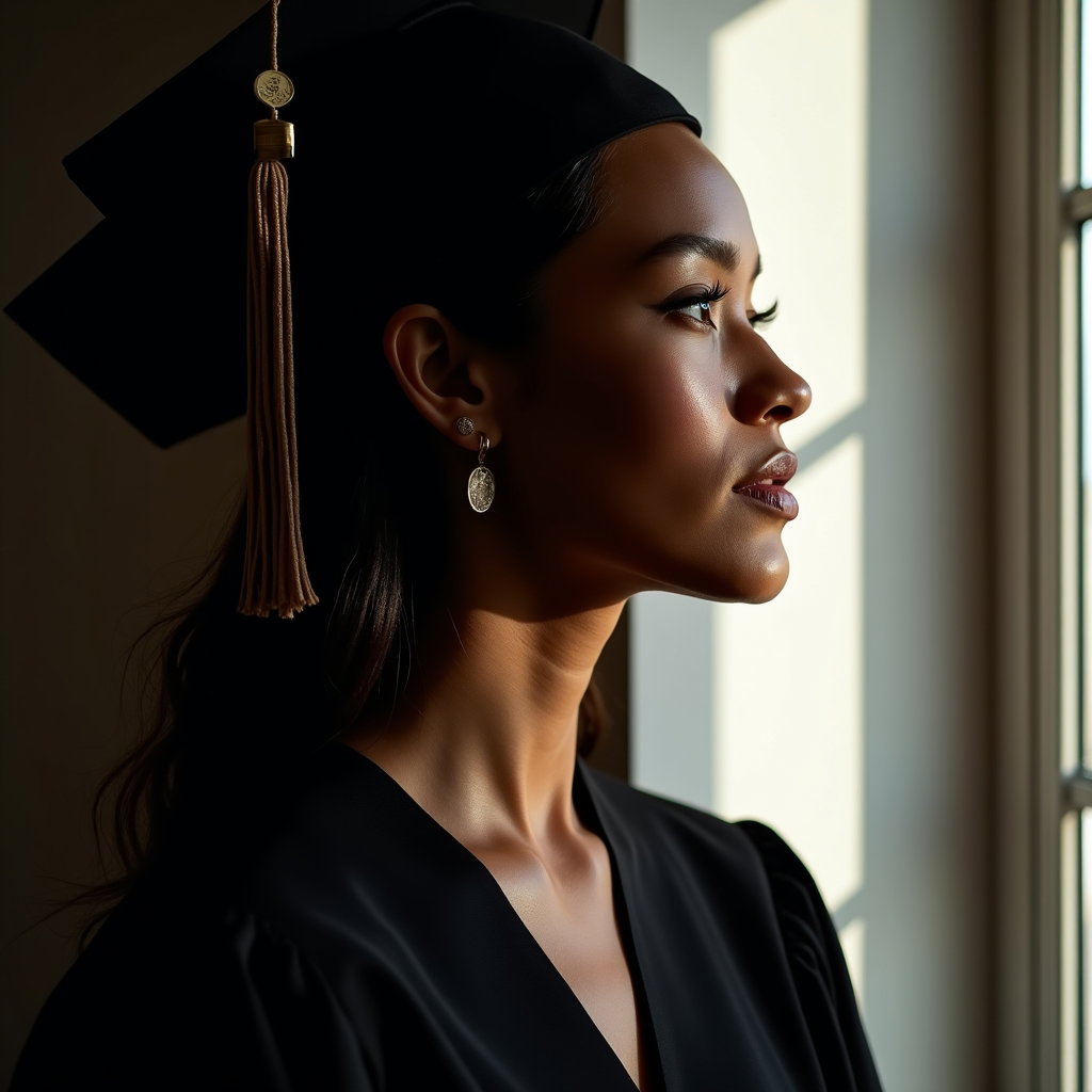 AI-generated photo: Professional portrait photography, a dramatic profile portrait of a graduate in cap and gown posed n...